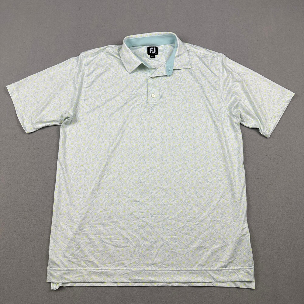 FootJoy Polo Shirt Men Large Blue Green Golf Geometric Print Golfer Short Sleeve